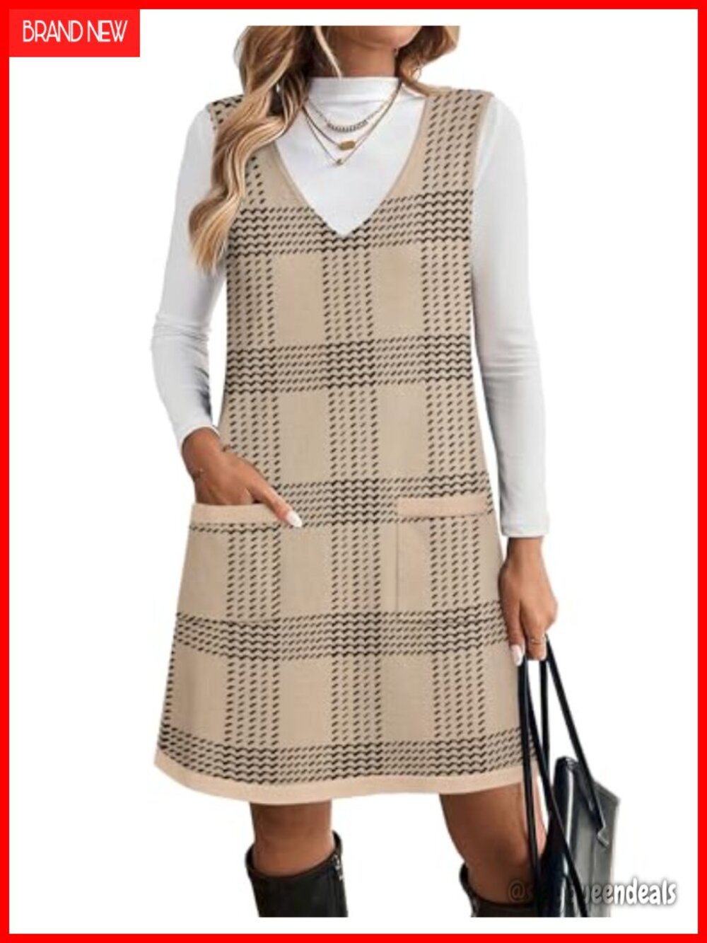 Sweater Vest Dress V Neck Sleeveless Knit Pullover with Pockets